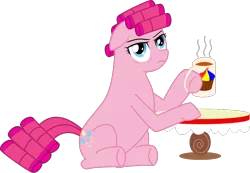 Size: 994x689 | Tagged: artist:alkemyfreak, coffee, derpibooru import, hair curlers, morning ponies, mug, pinkie pie, safe, solo