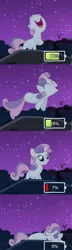 Size: 500x1732 | Tagged: safe, derpibooru import, edit, edited screencap, screencap, sweetie belle, pony, robot, unicorn, sleepless in ponyville, battery, comic, eyes closed, female, filly, foal, hooves, horn, jumping, lying down, night, night sky, open mouth, sitting, sky, sleeping, solo, standing, stars, sweetie bot, teeth, tree