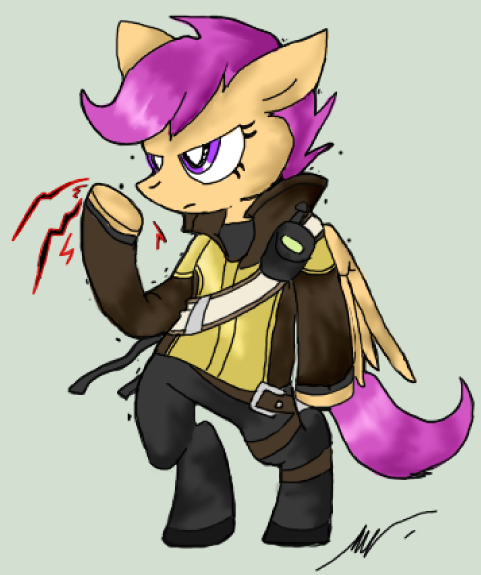 Size: 481x575 | Tagged: safe, artist:lucas47-46, derpibooru import, scootaloo, pegasus, pony, bipedal, clothes, cole macgrath, crossover, female, infamous, mare, older, parody, solo