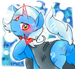 Size: 600x550 | Tagged: safe, artist:kyubi, derpibooru import, trixie, magic duel, alicorn amulet, glowing eyes, pixiv, plot