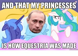 Size: 625x448 | Tagged: suggestive, artist:equestria-prevails, derpibooru import, edit, princess celestia, princess luna, pegasus, pony, aftersex, and that's how equestria was made, bed, caption, female, image macro, implied group sex, implied sex, implied threesome, mare, pillow, politics, president, ruined for marriage, russia, vladimir putin