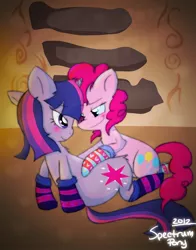 Size: 1200x1532 | Tagged: suggestive, artist:justagirlonline, derpibooru import, pinkie pie, twilight sparkle, ask cute twinkie pie, clothes, female, lesbian, shipping, socks, striped socks, twinkie