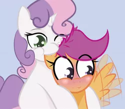 Size: 2300x2000 | Tagged: artist:kryptchild, blushing, cute, dead source, derpibooru import, ear bite, female, lesbian, nom, scootabelle, scootaloo, shipping, suggestive, sweetie belle