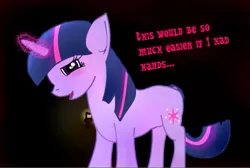 Size: 597x401 | Tagged: safe, derpibooru import, twilight sparkle, pony, unicorn, blushing, dialogue, female, glowing horn, horn, mare, solo, unicorn twilight