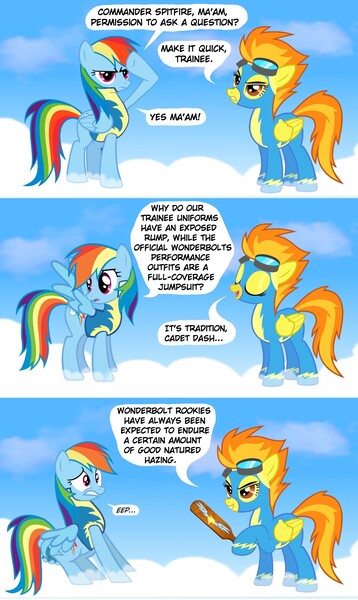 Size: 1788x2994 | Tagged: artist:ginger fig, clothes, cloud, cloudy, comic, derpibooru import, hazing, hilarious in hindsight, implied spanking, paddle, rainbow dash, safe, spitfire, uniform, wonderbolts, wonderbolts academy, wonderbolts uniform, wonderbolt trainee uniform