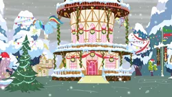 Size: 1600x900 | Tagged: safe, artist:evil-dec0y, derpibooru import, derpy hooves, rainbow dash, pegasus, pony, christmas, christmas lights, duo, duo female, female, mare, mouth hold, ponyville, ponyville town hall, scenery, snow, snowfall, tied up, town hall
