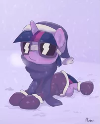 Size: 523x648 | Tagged: artist:alasou, boots, clothes, derpibooru import, goggles, hat, safe, scarf, snow, snowfall, solo, twilight sparkle, winter outfit