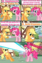 Size: 720x1079 | Tagged: applejack, applepie, artist:death-driver-5000, comic, derpibooru import, dr octogonapus, energy blast, female, laser, lesbian, pinkie pie, safe, shipping, shoop da whoop, the lazer collection