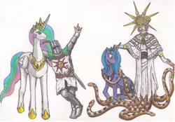 Size: 3984x2768 | Tagged: safe, artist:waasaabi, derpibooru import, princess celestia, princess luna, alicorn, human, pony, snake, colored pencil drawing, crossover, dark souls, dark sun gwyndolin, female, helmet, male, man, mare, praise the moon, praise the sun, s1 luna, solaire of astora, traditional art, woman