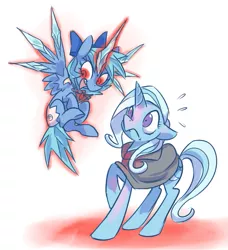 Size: 651x714 | Tagged: dead source, safe, artist:modern-warmare, derpibooru import, trixie, ponified, alicorn, pony, alicorn amulet, cirno, cloak, clothes, crossover, floppy ears, frown, glowing eyes, glowing horn, open mouth, scared, simple background, smiling, touhou, white background, wide eyes