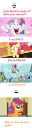 Size: 612x2396 | Tagged: safe, derpibooru import, apple bloom, berry punch, berryshine, carrot top, cloud kicker, daisy, derpy hooves, flower wishes, fluttershy, golden harvest, lemon hearts, lightning bolt, linky, minuette, scootaloo, sea swirl, seafoam, shoeshine, sweetie belle, twinkleshine, white lightning, pegasus, pony, cutie mark crusaders, female, image macro, mare, meme, meta, one of these things is not like the others, scooter, talents