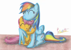 Size: 2332x1632 | Tagged: artist:patoriotto, derpibooru import, happy, hug, rainbow dash, safe, scootaloo, scootalove, traditional art, winghug