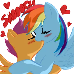Size: 945x945 | Tagged: safe, artist:megasweet, derpibooru import, rainbow dash, scootaloo, blushing, female, heart, kissing, lesbian, making out, mare on filly, scootadash, scootalove, shipping