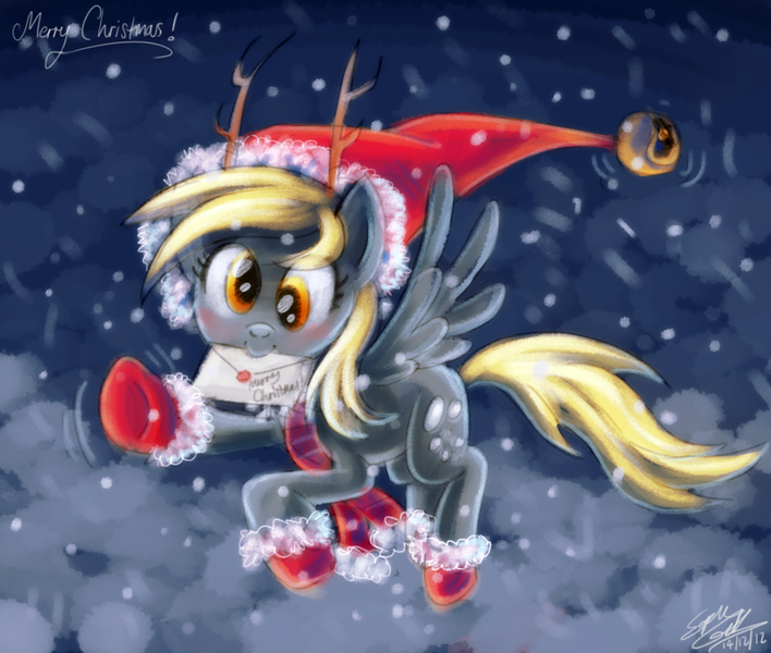 Size: 800x678 | Tagged: safe, artist:sewyouplushiethings, derpibooru import, derpy hooves, pegasus, pony, antlers, blushing, christmas, clothes, female, hat, letter, looking at you, mare, santa hat, scarf, snow, snowfall, socks, solo, waving