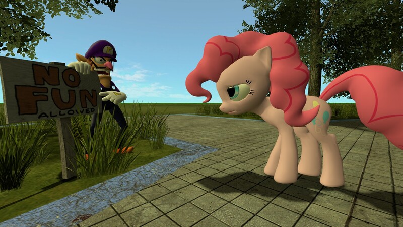 Size: 1366x768 | Tagged: 3d, artist:dirtpeanut, crossover, derpibooru import, gmod, mario, no fun allowed, parody, pinkie pie, pointing, sad, safe, super mario bros., too bad waluigi time, waluigi, waluigi time