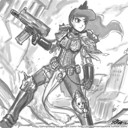 Size: 1000x1000 | Tagged: adepta sororitas, armor, artist:johnjoseco, bolter, crossover, derpibooru import, grayscale, human, humanized, monochrome, power armor, princess luna, safe, solo, warhammer 40k, warhammer (game), warrior luna, weapon