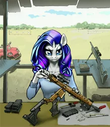 Size: 2894x3322 | Tagged: safe, artist:vombavr, derpibooru import, rarity, anthro, unicorn, aimpoint, ar15, comp m2, female, gun, horn, magpul, optical sight, picatinny rail, reflex sight, rifle, sniper rifle, solo, weapon