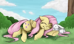 Size: 2835x1704 | Tagged: safe, artist:quiell, derpibooru import, angel bunny, fluttershy, pegasus, pony, eyes closed, female, mare