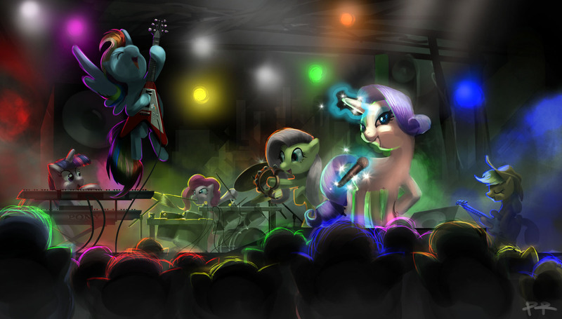 Size: 1900x1080 | Tagged: applejack, artist:ponyrake, concert, derpibooru import, drums, fluttershy, flying v, guitar, keyboard, mane six, microphone, musical instrument, pinkie pie, rainbow dash, rarity, safe, stage, tambourine, twilight sparkle