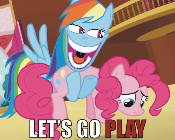 Size: 700x559 | Tagged: safe, derpibooru import, pinkie pie, rainbow dash, caption, hentai woody, rapeface, woody face