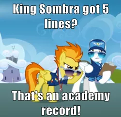 Size: 500x480 | Tagged: safe, derpibooru import, edit, edited screencap, screencap, fast clip, king sombra, manerick, spitfire, pegasus, pony, wonderbolts academy, academy record, clothes, cropped, duo, female, hat, image macro, male, mare, meme, stallion, sunglasses, text, uniform, wonderbolts dress uniform