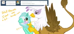 Size: 1280x597 | Tagged: safe, artist:azure-doodle, derpibooru import, gilda, lyra heartstrings, gryphon, pony, ask, blushing, dialogue, female, hand, lesbian, mare, sexually confused lyra, simple background, tumblr, white background