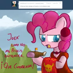 Size: 900x900 | Tagged: ask, bullfighting, capote, carmen, castellano, clothes, comic, dialogue, discord, dress, equestria-latina, eris, fiesta, flag, flamenco, ham, neckband, pinkie pie, ponies eating meat, rule 63, safe, spain, spanish, torero, tumblr