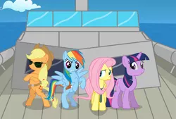 Size: 3910x2650 | Tagged: applejack, artist:totallynotabronyfim, black lagoon, boat, cigarette, derpibooru import, fluttershy, glasses, gun, necktie, rainbow dash, rearing, safe, sunglasses, twilight sparkle