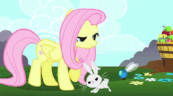 Size: 325x181 | Tagged: semi-grimdark, artist:tenaflyviper, derpibooru import, edit, edited screencap, screencap, angel bunny, fluttershy, parasprite, pegasus, pony, rabbit, swarm of the century, abuse, angelbuse, animal abuse, animated, apple, blood, crushing, death, decapitated, decapitation, female, flower, food, justice, mare, out of character, raised hoof, smashing, smiling, stomp, tree stump, we are going to hell