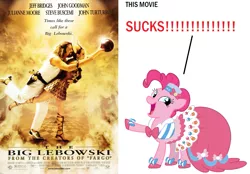 Size: 1075x750 | Tagged: background pony strikes again, bad joke, clothes, downvote bait, dress, gala, mouthpiece, movie poster, obligatory pony, obvious troll, pinkie pie, safe, stupid, the big lebowski