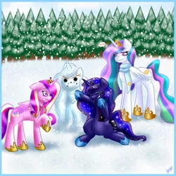 Size: 1200x1200 | Tagged: dead source, safe, artist:fatcakes, derpibooru import, princess cadance, princess celestia, princess luna, alicorn, pony, ..., alicorn triarchy, celestia is not amused, clothes, female, mare, princess luna is amused, scarf, snow, snowfall, snowpony, this will end in tears and/or a journey to the moon, varying degrees of amusement