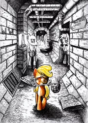 Size: 3486x4881 | Tagged: applejack, artist:smellslikebeer, coming at you, crosshatch, denial, derpibooru import, eyes closed, filly, ink, manehattan, mouth hold, oc, partial color, safe, scared, traditional art