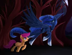 Size: 1290x989 | Tagged: safe, artist:aurarrius, derpibooru import, princess luna, scootaloo, forest, moon, night, tree