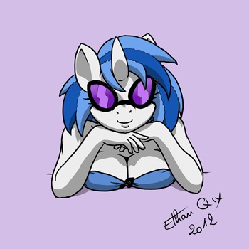 Size: 350x350 | Tagged: anthro, artist:ethanqix, breasts, busty vinyl scratch, cleavage, derpibooru import, female, simple background, solo, solo female, suggestive, vinyl scratch