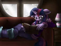 Size: 3000x2268 | Tagged: anthro, artist:efrejok, book, clothes, couch, derpibooru import, feet, glasses, golden oaks library, hand, jeans, lamp, moon, no more ponies at source, piercing, plantigrade anthro, reading, ring, safe, solo, sweater, twilight sparkle