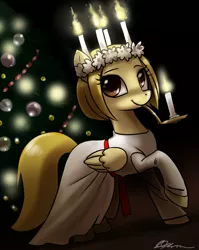 Size: 800x1006 | Tagged: safe, artist:johnjoseco, derpibooru import, oc, unofficial characters only, pegasus, pony, anneli heed, candle, candle holder, clothes, dress, looking at you, mouth hold, raised hoof, saint lucy, saint lucy's day, solo, swedish spitfire, wreath