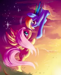 Size: 3000x3740 | Tagged: dead source, safe, artist:strychninehellfriend, derpibooru import, fluttershy, rainbow dash, cloud, female, flutterdash, lesbian, shipping, spread wings, wings