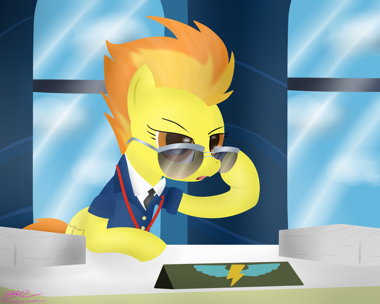 Size: 2000x1600 | Tagged: artist:mikoruthehedgehog, derpibooru import, desk, office, safe, spitfire, sunglasses, window, wonderbolts academy