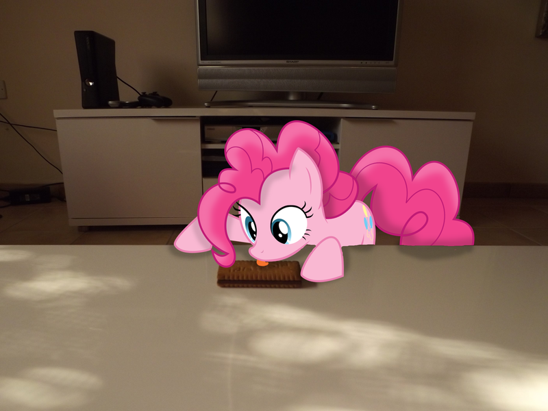 Size: 4288x3216 | Tagged: safe, artist:missbeigepony, derpibooru import, pinkie pie, pony, controller, irl, licking, photo, ponies in real life, solo, television, vector, xbox