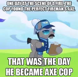 Size: 400x396 | Tagged: safe, derpibooru import, edit, edited screencap, screencap, whiplash, pegasus, pony, wonderbolts academy, axe cop, clipboard, clothes, cropped, glasses, hat, hoof hold, male, police officer, short tail, stallion, uniform