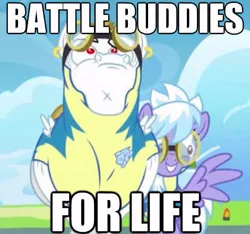 Size: 471x440 | Tagged: safe, derpibooru import, edit, edited screencap, screencap, bulk biceps, cloudchaser, roid rage, pegasus, pony, wonderbolts academy, background pony, clothes, cloudrage, cropped, duo, ear piercing, earring, female, goggles, image macro, jewelry, male, mare, piercing, ponies standing next to each other, stallion, uniform, wingpony badge, wonderbolt trainee uniform