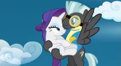 Size: 851x468 | Tagged: safe, derpibooru import, screencap, rarity, thunderlane, pegasus, pony, unicorn, wonderbolts academy, carrying, clothes, cloud, duo, female, flying, goggles, lead pony badge, lidded eyes, looking at each other, male, mare, out of context, sky, stallion, uniform, wonderbolt trainee uniform