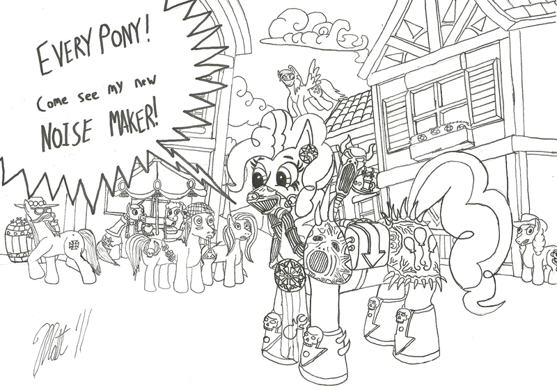 Size: 2169x1521 | Tagged: safe, artist:bhiggo, derpibooru import, derpy hooves, pinkie pie, oc, pegasus, pony, chaos space marine, crossover, doom siren, female, image, mare, monochrome, noise marine, png, slaanesh, this will end in tears, traditional art, warhammer (game), warhammer 40k