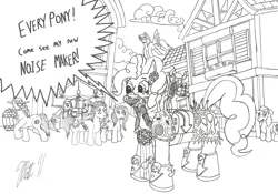 Size: 2169x1521 | Tagged: safe, artist:bhiggo, derpibooru import, derpy hooves, pinkie pie, oc, pegasus, pony, chaos space marine, crossover, doom siren, female, image, mare, monochrome, noise marine, png, slaanesh, this will end in tears, traditional art, warhammer (game), warhammer 40k