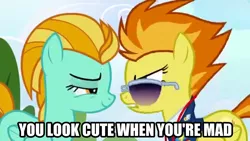 Size: 640x360 | Tagged: bedroom eyes, image macro, lightning dust, safe, smug, spitdust, spitfire, sunglasses, wonderbolts academy