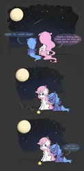 Size: 883x1800 | Tagged: safe, artist:secret-pony, derpibooru import, princess celestia, princess luna, alicorn, pony, cewestia, comic, duo, filly, full moon, moon, night, shooting star, sisters, sitting, speech bubble, stars, woona