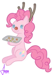 Size: 547x757 | Tagged: safe, artist:sandra626, derpibooru import, pinkie pie, earth pony, pony, reindeer, :3, beady eyes, christmas, cookie, cute, diapinkes, horn, red nose, rudolph the red nosed reindeer, simple background, sitting, solo, transparent background, tray