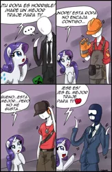 Size: 723x1106 | Tagged: :3, artist:ciriliko, artist:innuendo88, creeper, derpibooru import, rarity, safe, scout, slenderman, spanish, spy, team fortress 2, translation