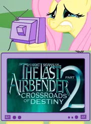 Size: 563x771 | Tagged: safe, derpibooru import, fluttershy, pony, avatar the last airbender, exploitable meme, fake, fluttercry, m. night shyamalan, meme, pure unfiltered evil, tv meme