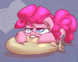 Size: 1000x800 | Tagged: safe, artist:atryl, derpibooru import, pinkie pie, balloon, biting, diary, frown, glare, grumpy, nom, prone, solo, sweatdrop, this will end in tears, this will not end well